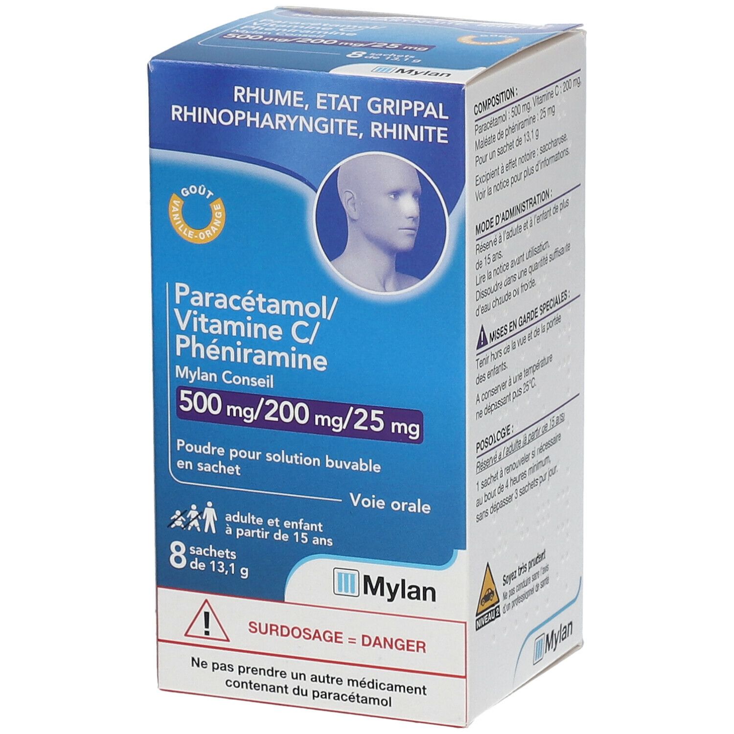 Boîte de médicament. Inscription: Paracétamol/ Vitamine C/ Phéniramine Mylan Conseil. Contient 8 sachets.