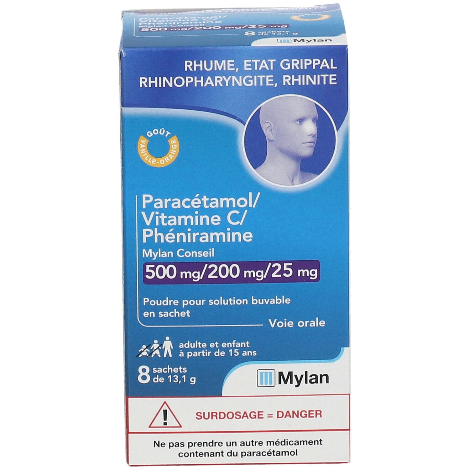 Boîte de médicament. Inscription: Paracétamol/ Vitamine C/ Phéniramine Mylan Conseil. 8 sachets. Logo Mylan.