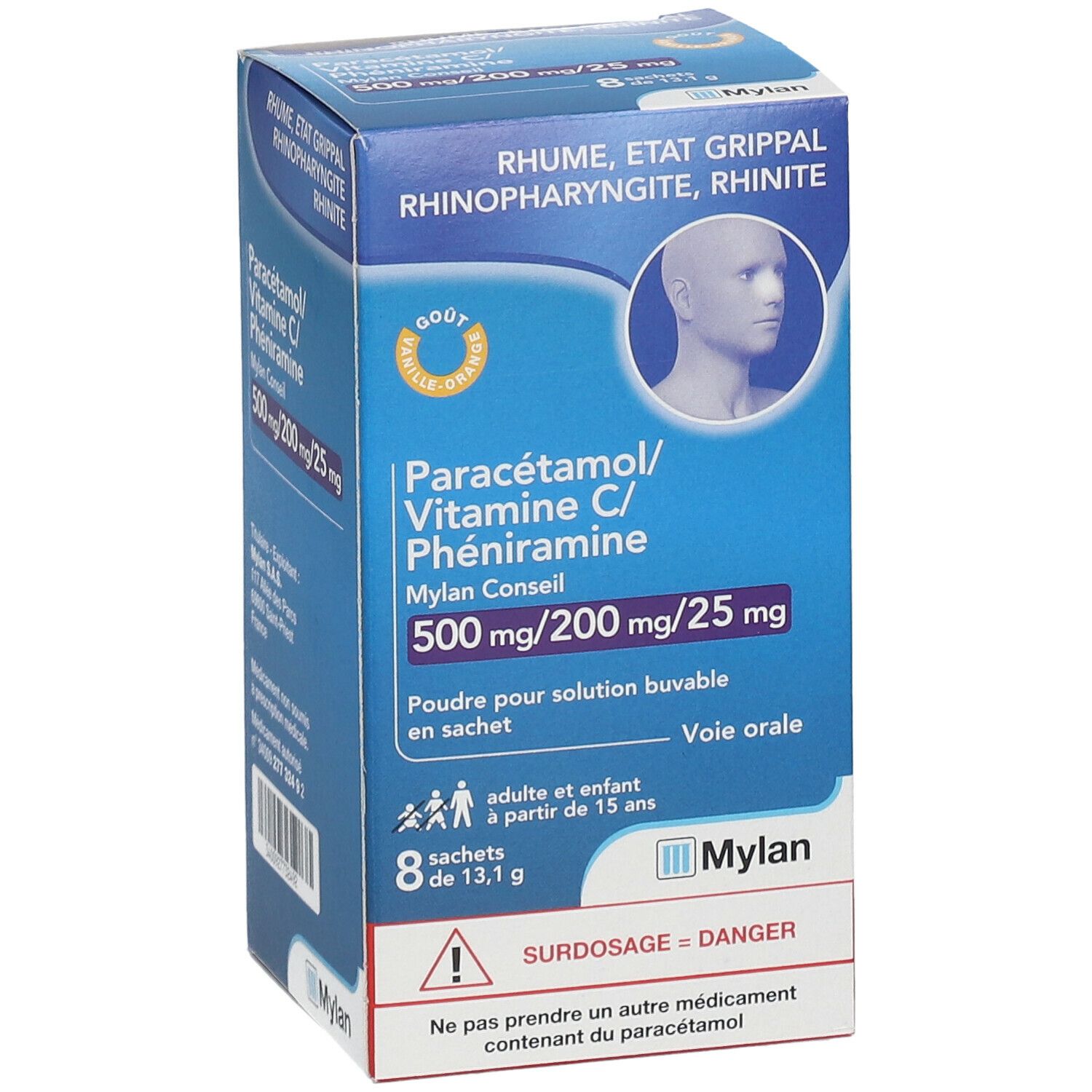 Boîte de médicament. Inscription: Paracétamol/ Vitamine C/ Phéniramine Mylan Conseil. 8 sachets. Logo Mylan.