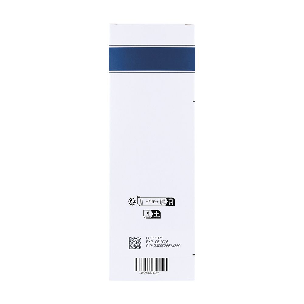 Dos de la boîte pliante. Informations et symboles. Code-barres et numéro de lot.