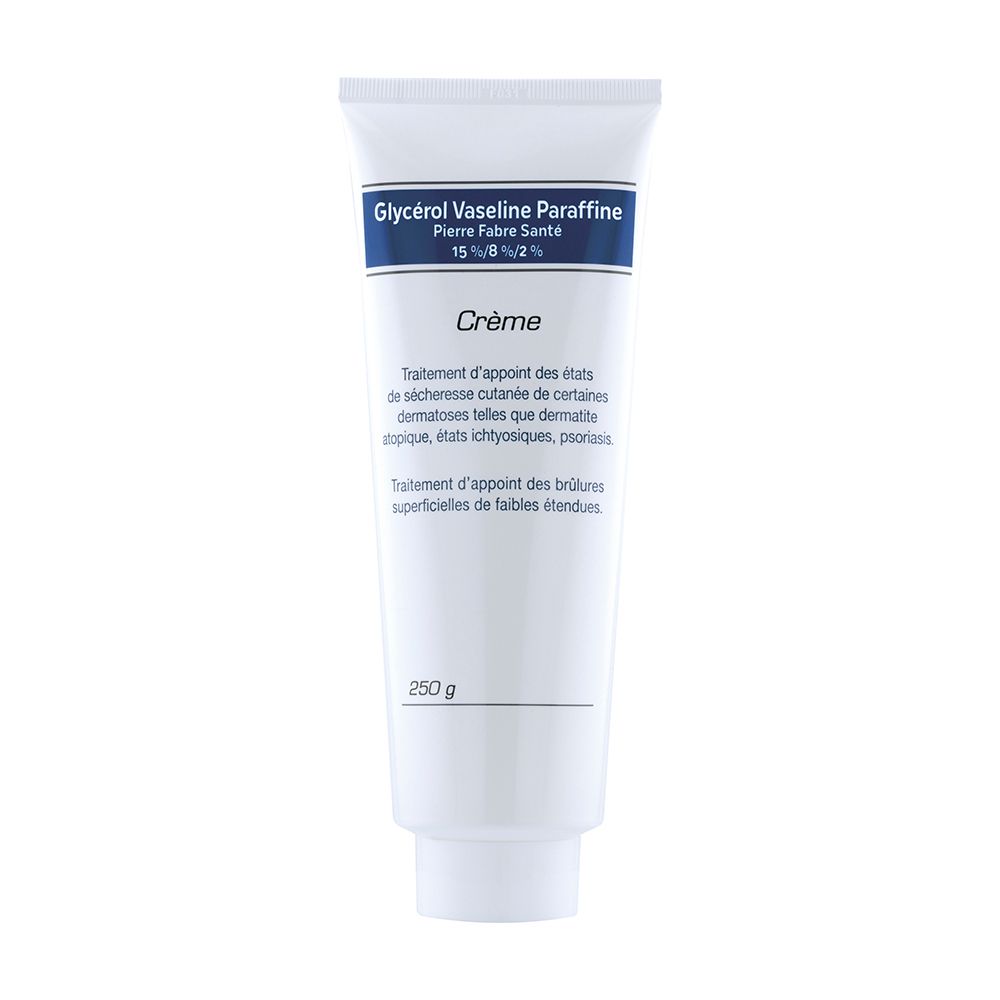 Tube blanc avec impression bleue. Nom du produit et ingrédients. Texte: Crème. 250 g.