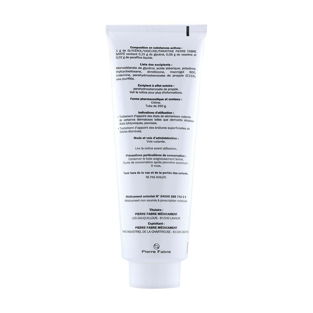 Dos d'un tube blanc. Contient ingrédients, mode d'emploi et informations fabricant.