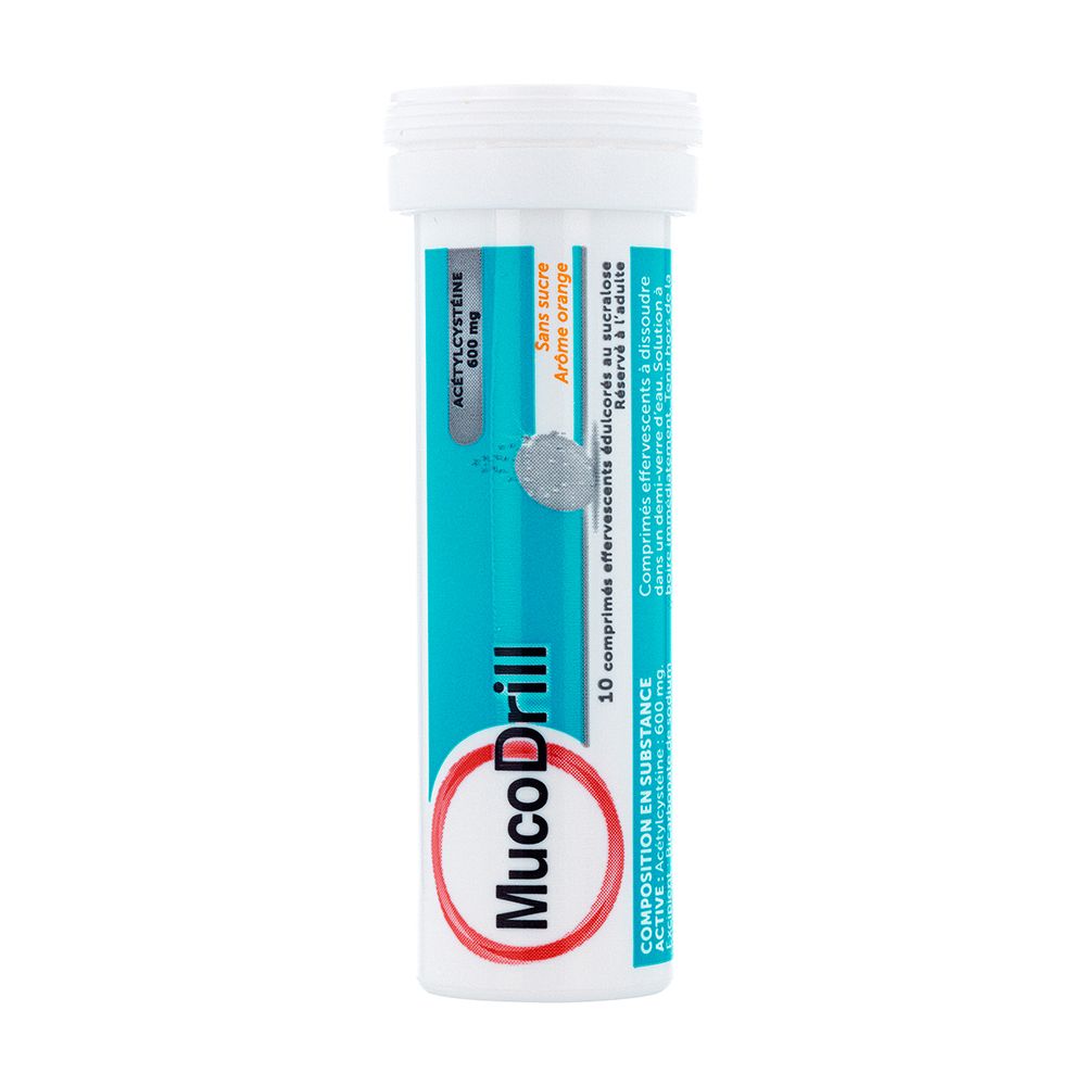 Emballage cylindrique de comprimés MucoDrill. Inscription : Acétylcystéine 600 mg, 10 comprimés effervescents, sans sucre.