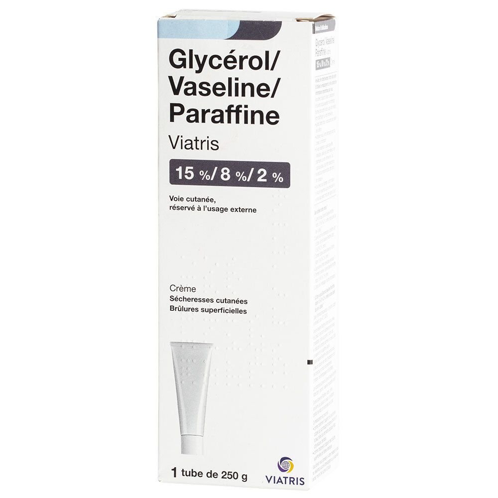 Boîte de crème. Inscription: Glycérol/Vaseline/Paraffine Viatris 15%/8%/2%. Contient un tube de crème. Logo Viatris.