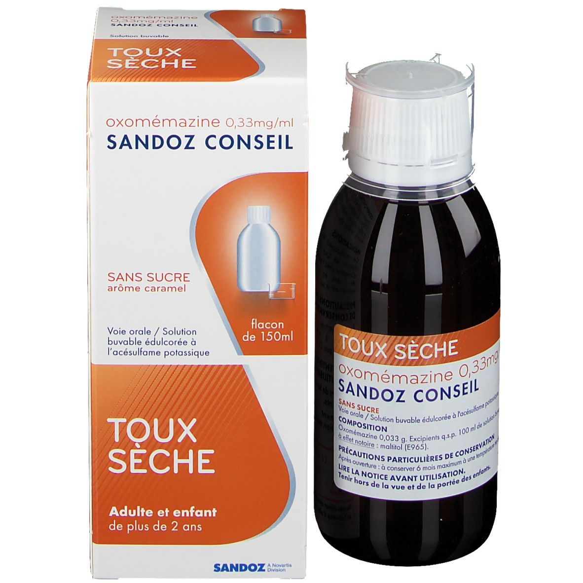 Flacon et boîte. Inscriptions: Oxomemazine, Sandoz Conseil, Toux Sèche. Flacon de liquide brun.