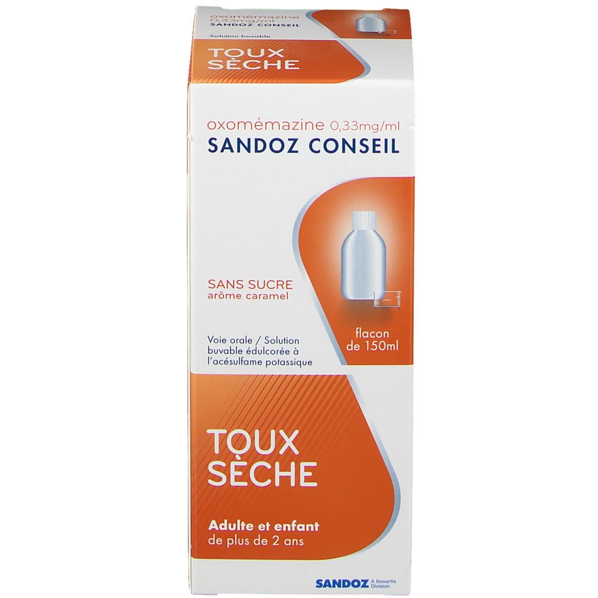 Boîte blanche et orange. Inscriptions: Oxomemazine, Sandoz Conseil, Toux Sèche. Image d'un flacon.