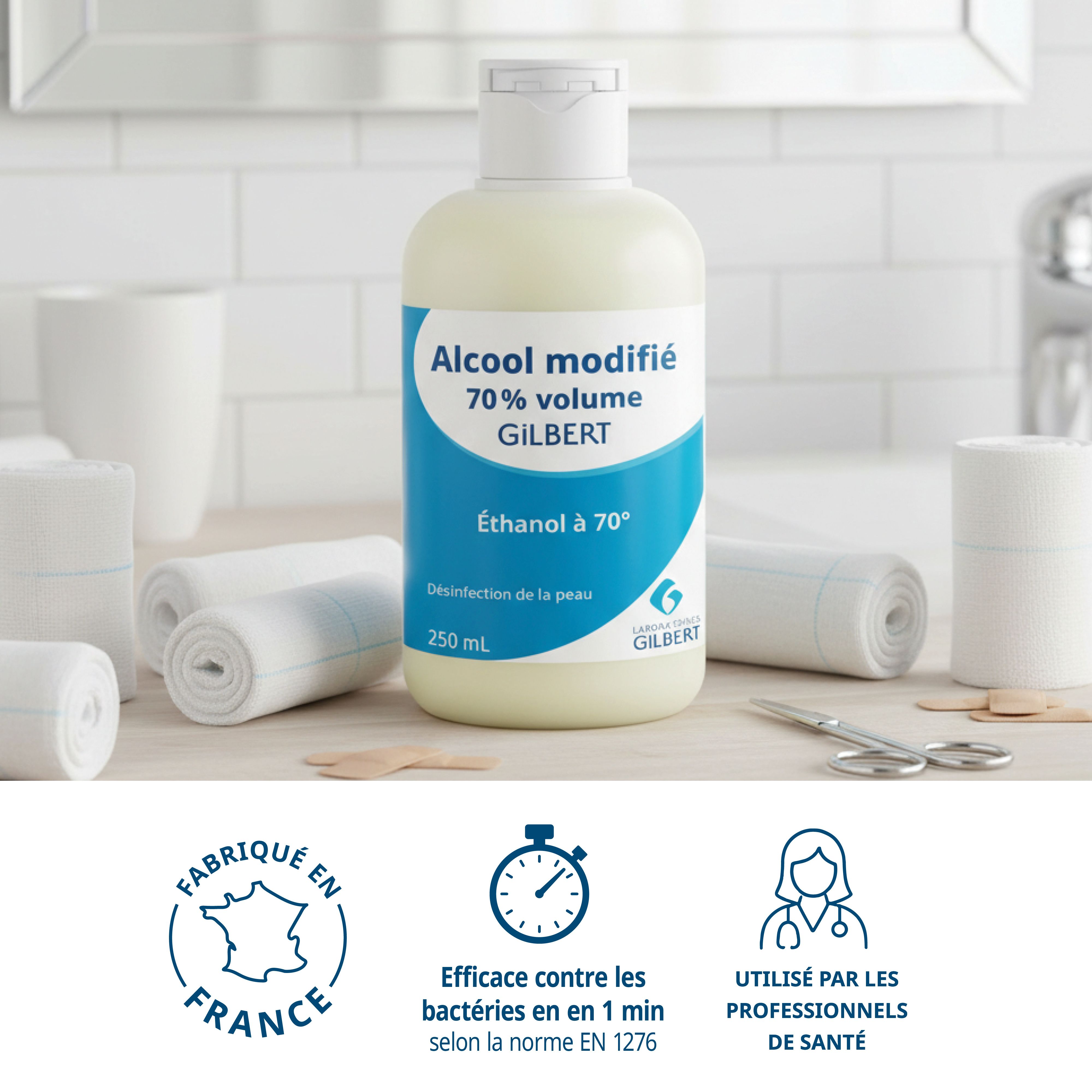 Alcool médical Gilbert. Flacon, pansements, ciseaux. Fabriqué en France. Certifications.