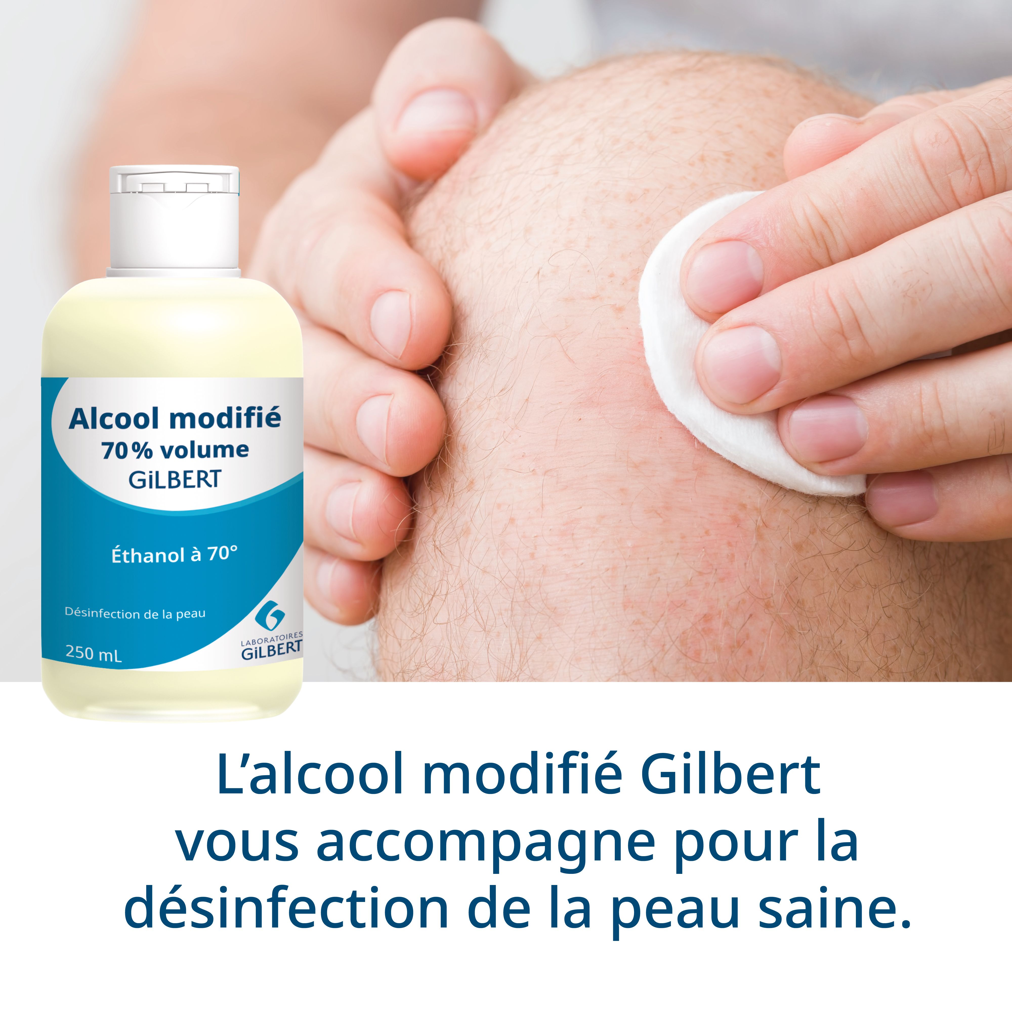 Application d'alcool médical Gilbert sur la peau. Bouteille et coton visibles.