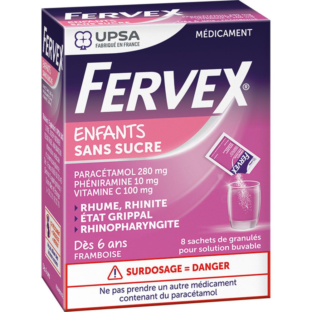 Boîte FERVEX Enfants. Contient 8 sachets de granulés. Ingrédients : Paracétamol, Phéniramine, Vitamine C. Dès 6 ans.