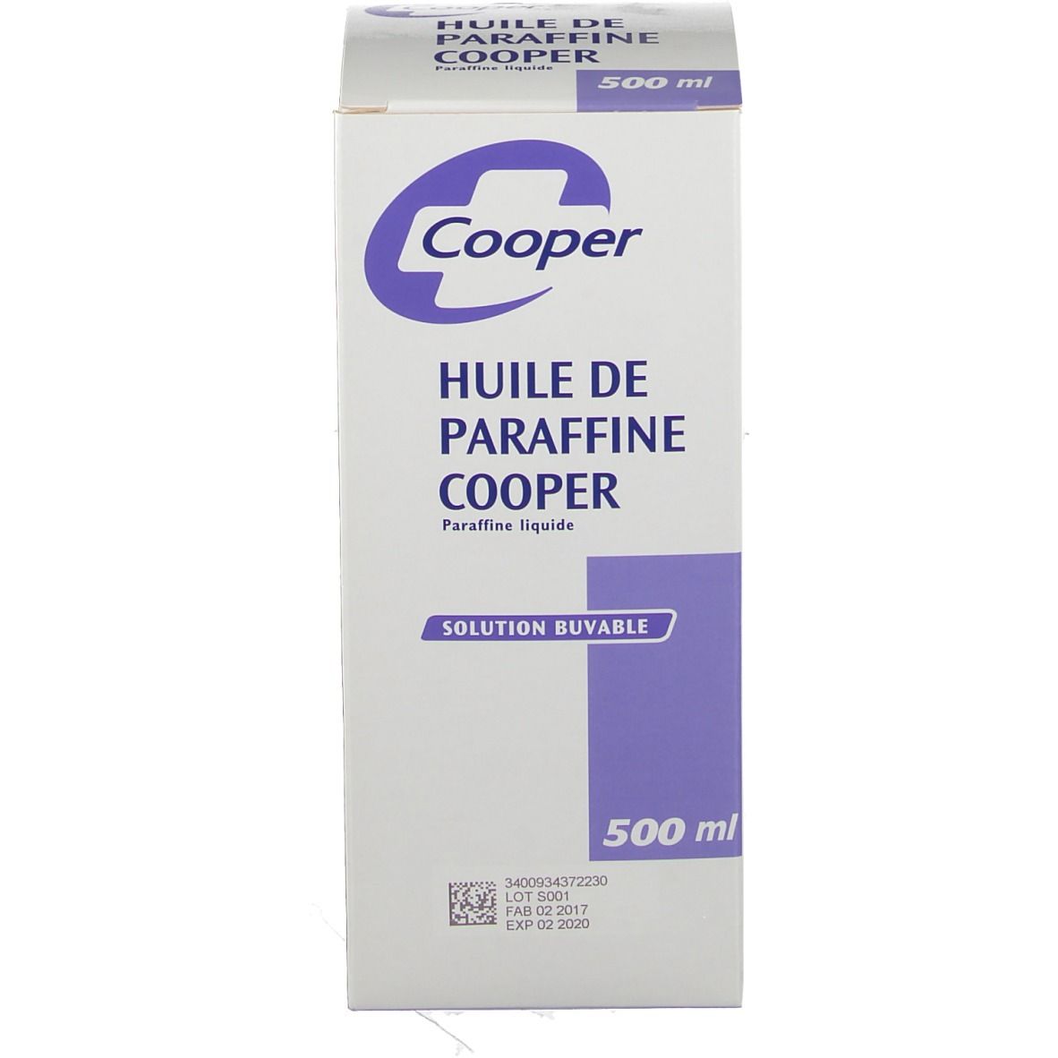 Boîte blanche avec logo et nom du produit. Texte: Huile de Paraffine Cooper, solution buvable, 500 ml. Numéro de lot.