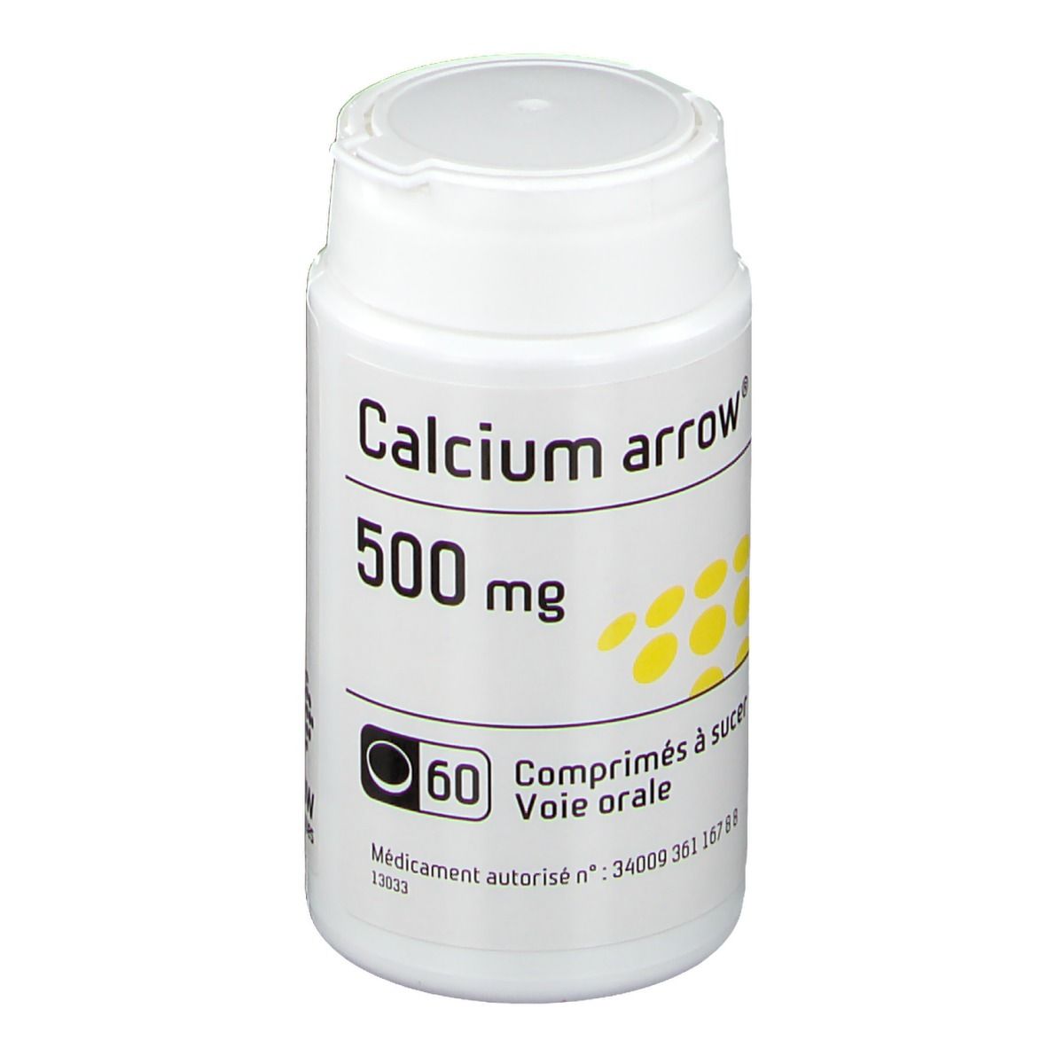 Flacon blanc Calcium arrow 500 mg. 60 comprimés. Points jaunes. Bouchon.