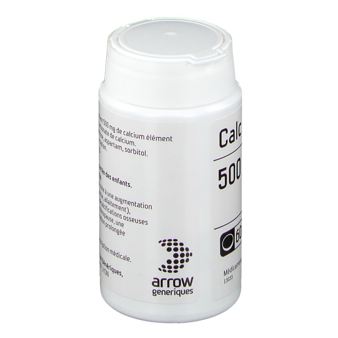Flacon blanc. Calcium arrow 500 mg. 60 comprimés. Logo flèche.