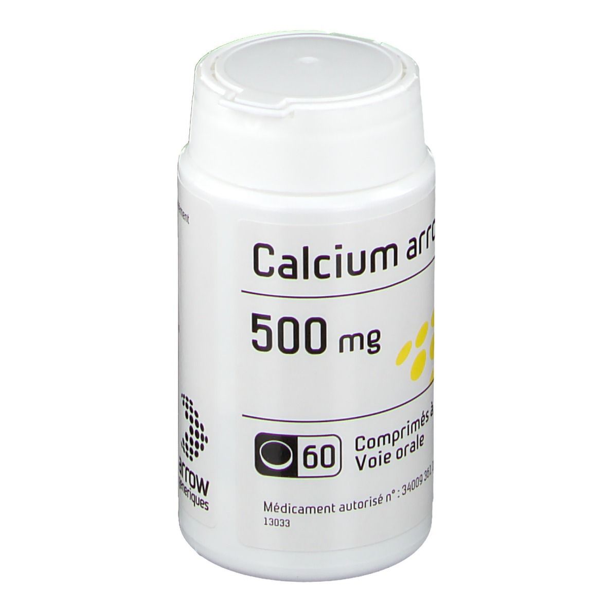 Flacon blanc. Calcium arrow 500 mg. 60 comprimés. Points jaunes.