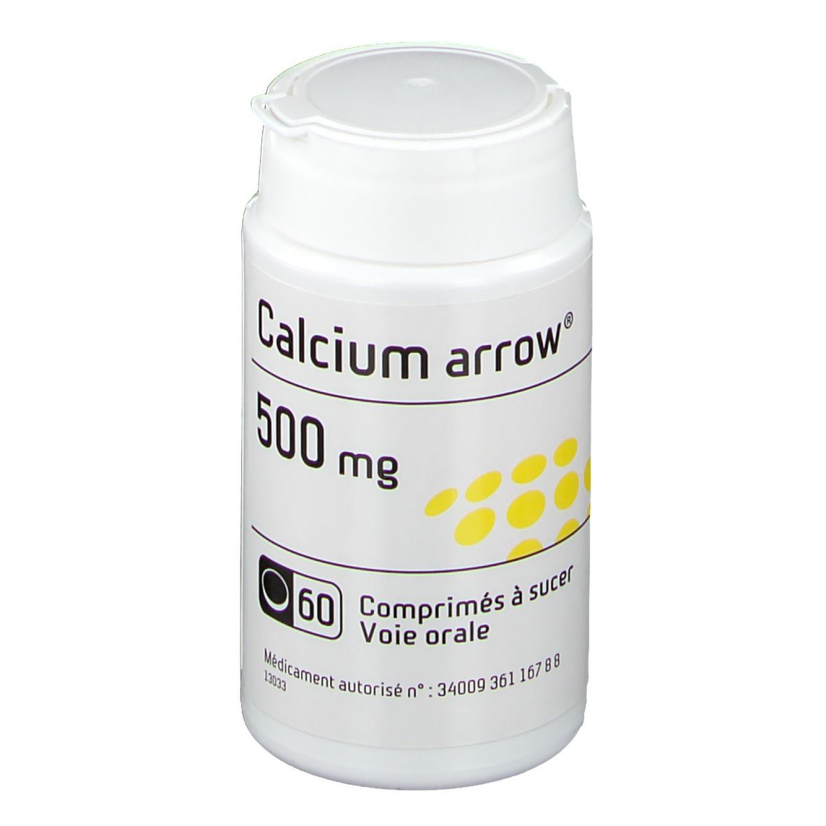 Flacon blanc. Calcium arrow 500 mg. 60 comprimés. Points jaunes.