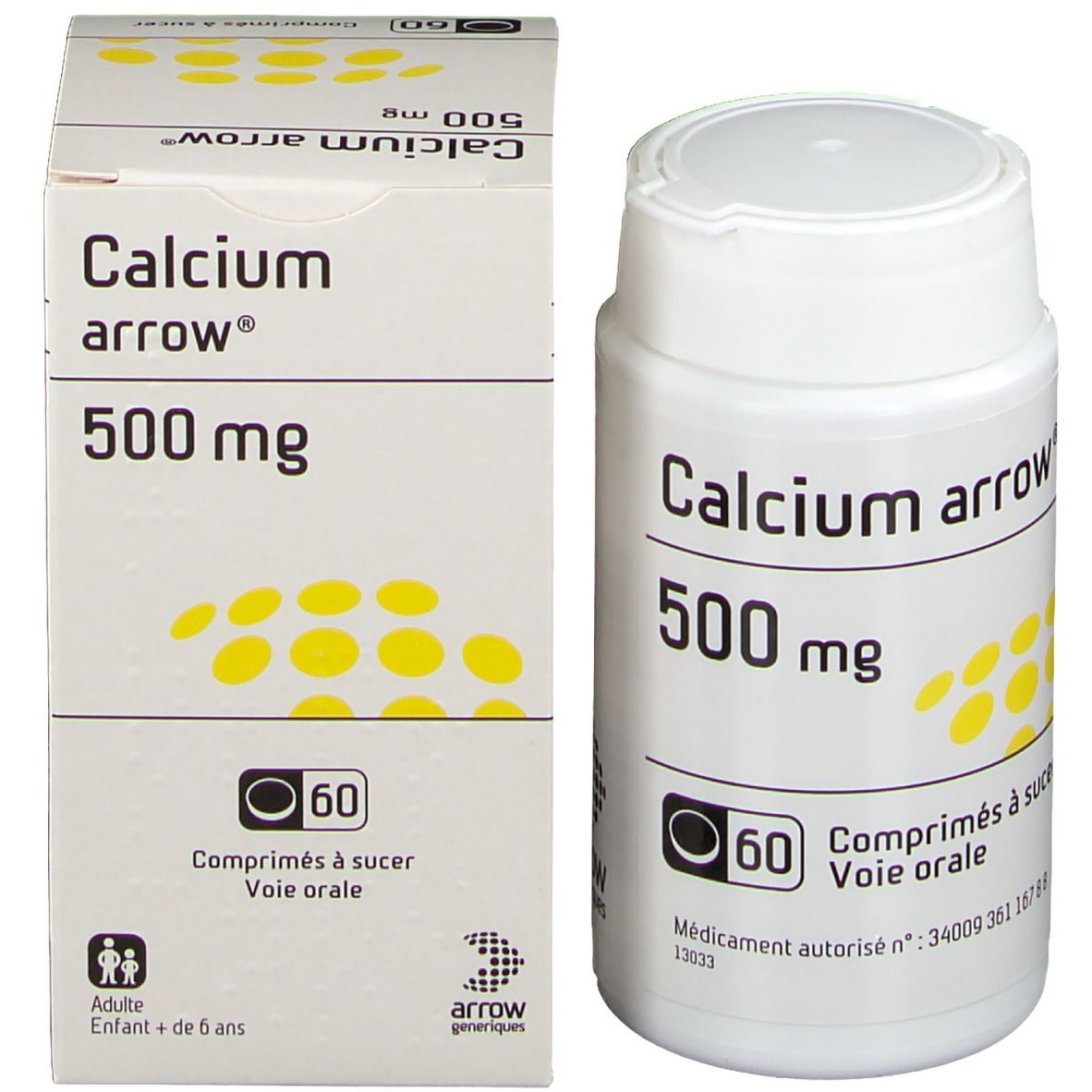 Flacon et boîte Calcium arrow 500 mg. 60 comprimés. Points jaunes.