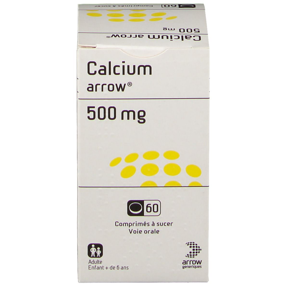 Boîte Calcium arrow 500 mg. 60 comprimés. Points jaunes. Logo flèche.