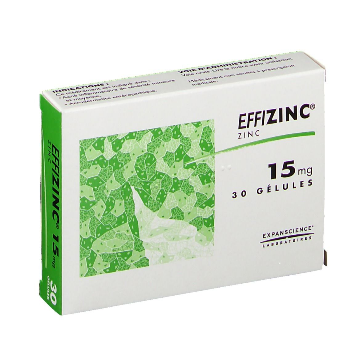 Boîte blanche et verte. Inscription: Effizinc® Zinc 15 mg, 30 Gélules. Fabricant: Expanscience Laboratoires. Indications.