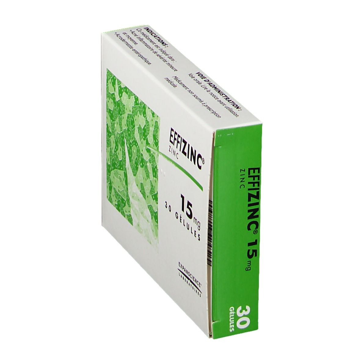 Boîte avec bord vert. Inscription: Effizinc® Zinc 15 mg, 30 Gélules. Fabricant: Expanscience Laboratoires. Vue latérale.