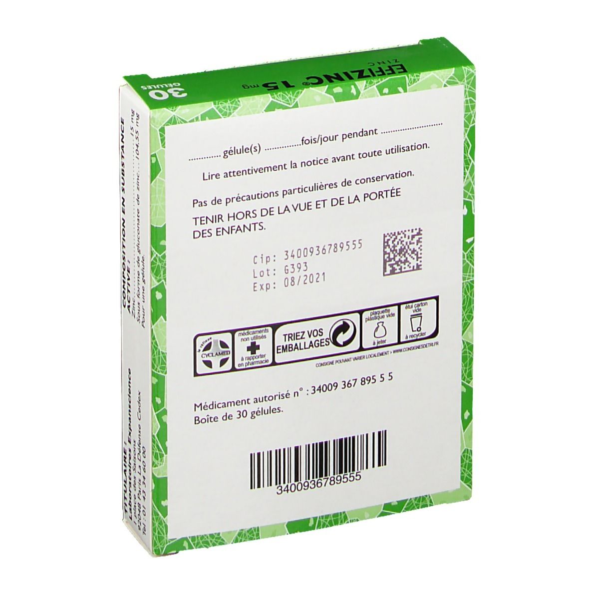 Dos de la boîte. Texte: Effizinc® Zinc, 30 Gélules. Informations sur les ingrédients, numéro de lot, date d'expiration et fabricant.