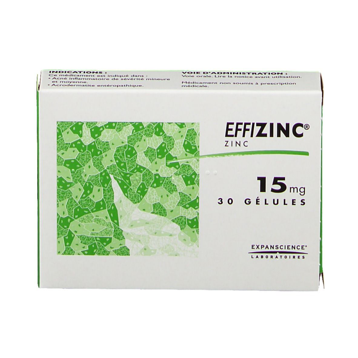 Boîte blanche et verte. Inscription: Effizinc® Zinc 15 mg, 30 Gélules. Fabricant: Expanscience Laboratoires. Indications.