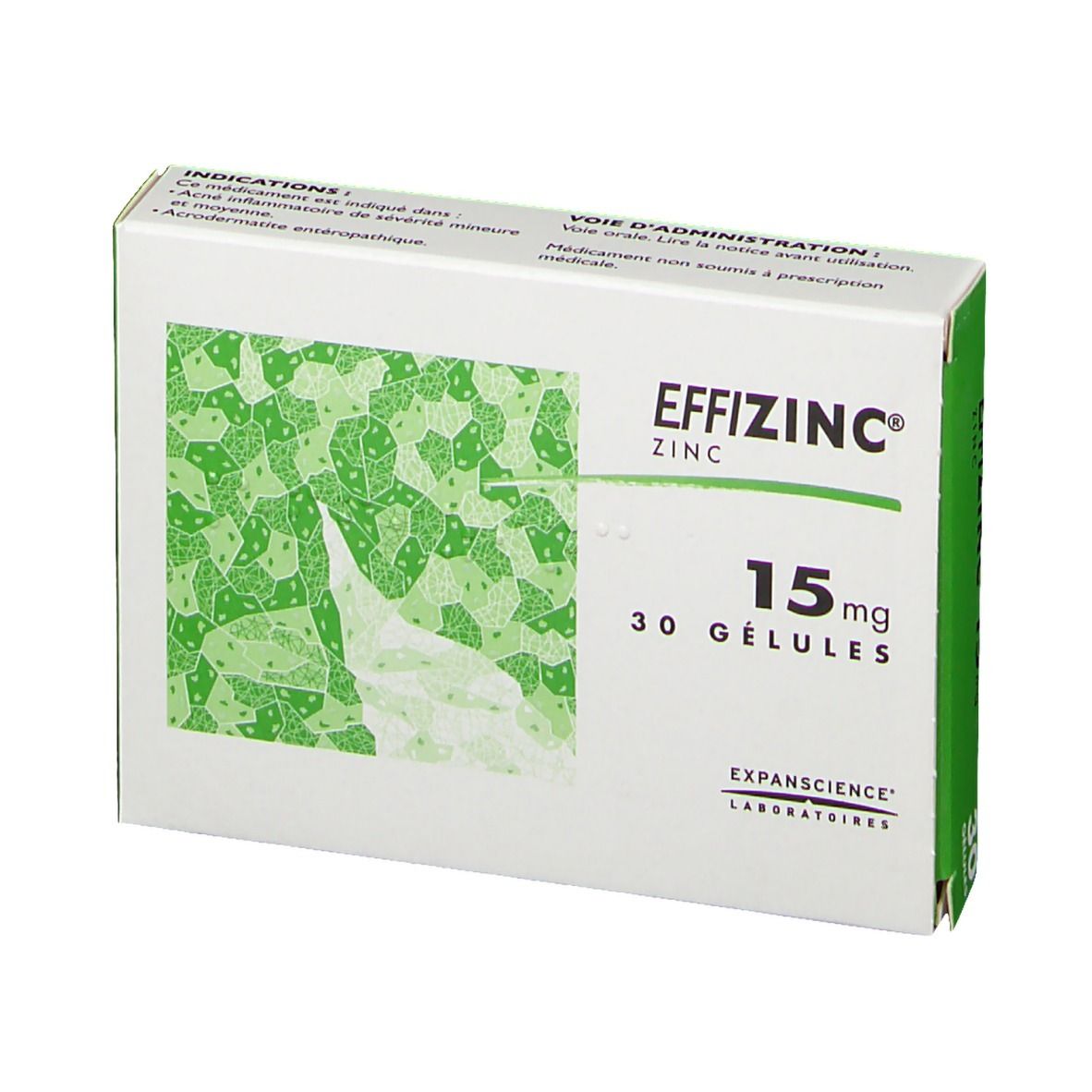 Boîte avec bord vert. Inscription: Effizinc® Zinc 15 mg, 30 Gélules. Fabricant: Expanscience Laboratoires. Vue latérale.