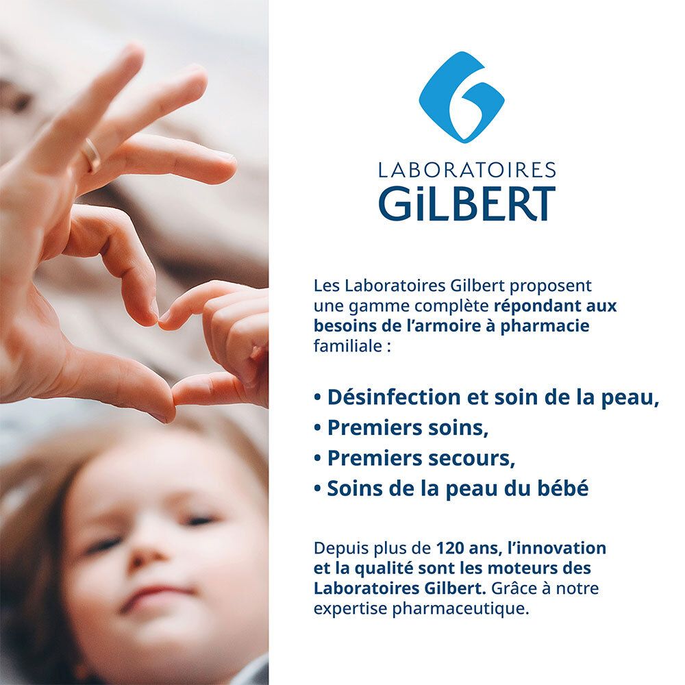Mains formant un cœur. Logo Laboratoires Gilbert. Texte sur les produits et les familles.