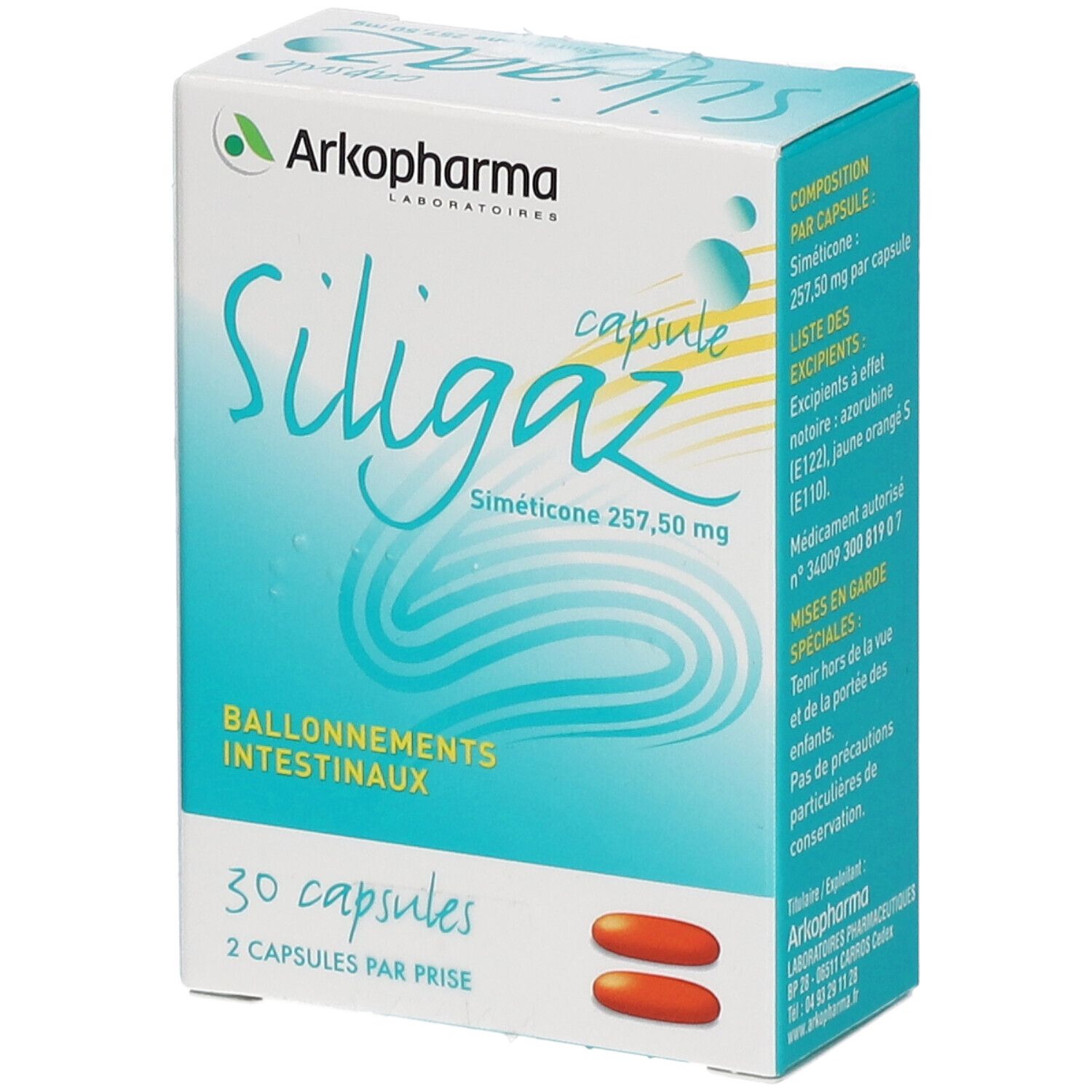 Boîte de capsules Siligaz Arkopharma. Inscription : 30 capsules, Siméticone 257,50 mg. Capsules marron représentées.