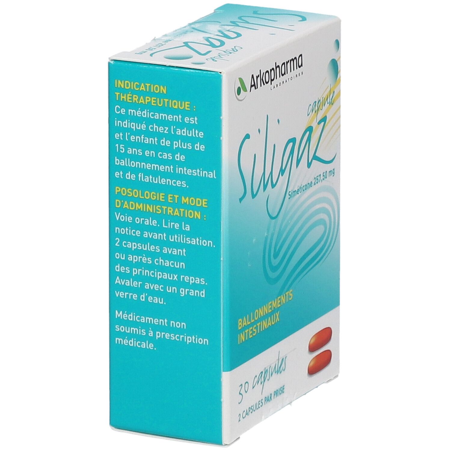 Boîte de capsules Siligaz Arkopharma. Inscription : 30 capsules, Siméticone 257,50 mg. Capsules marron représentées.