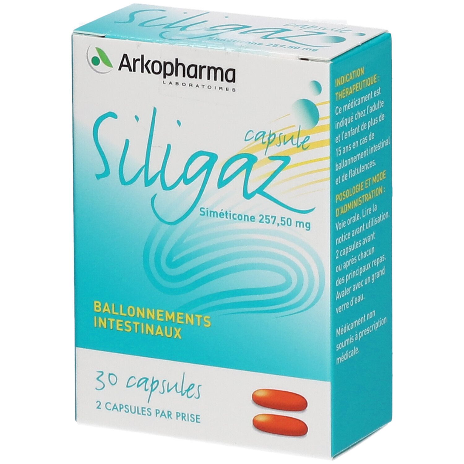 Boîte de capsules Siligaz Arkopharma. Inscription : 30 capsules, Siméticone 257,50 mg. Capsules marron représentées.