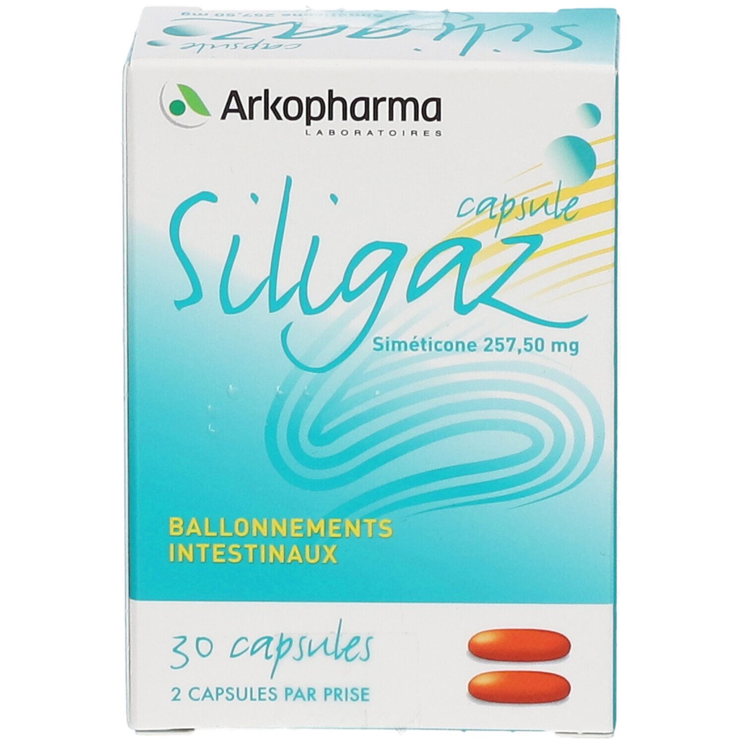 Boîte de capsules Siligaz Arkopharma. Inscription : 30 capsules, Siméticone 257,50 mg. Capsules marron représentées.