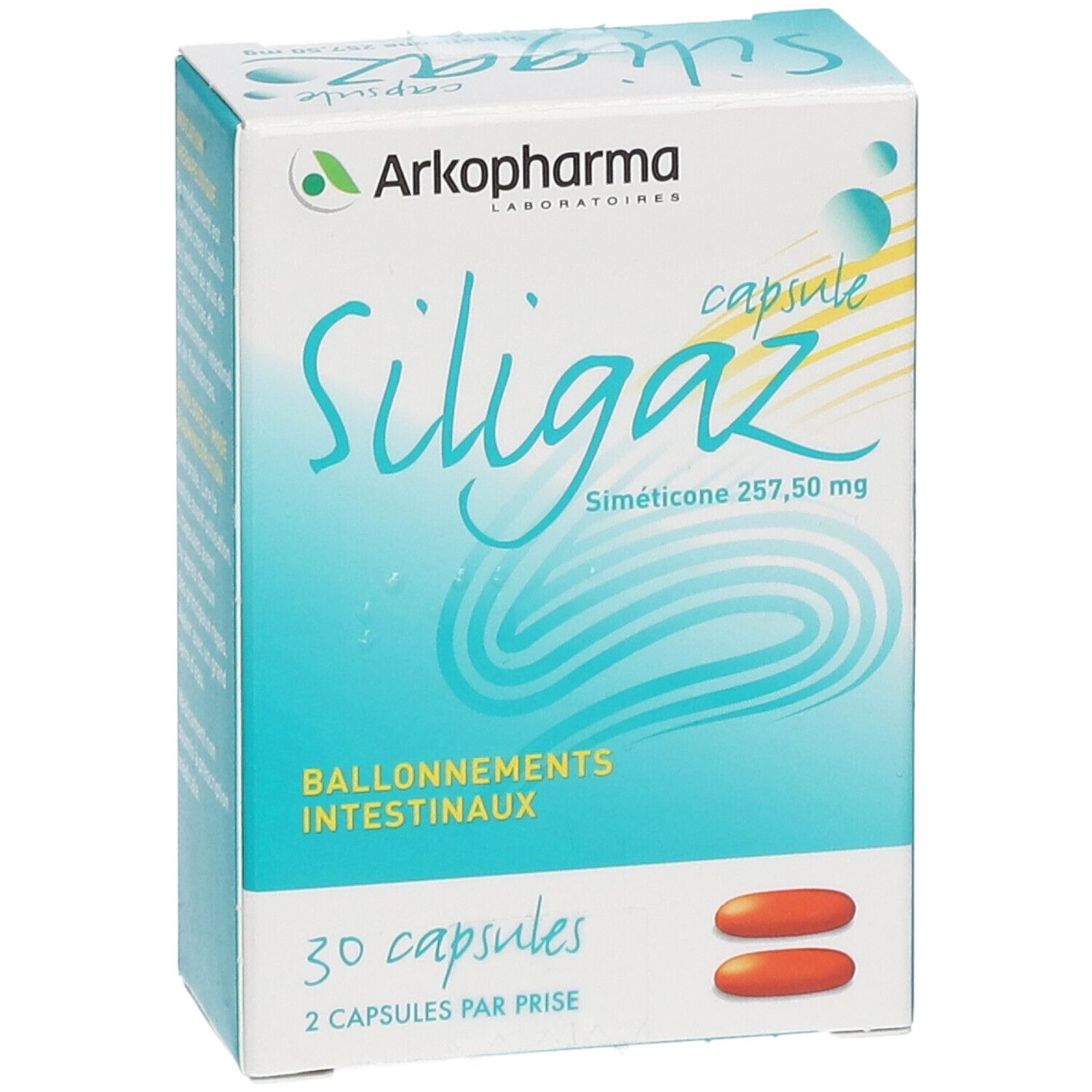 Boîte de capsules Siligaz Arkopharma. Inscription : 30 capsules, Siméticone 257,50 mg. Capsules marron représentées.