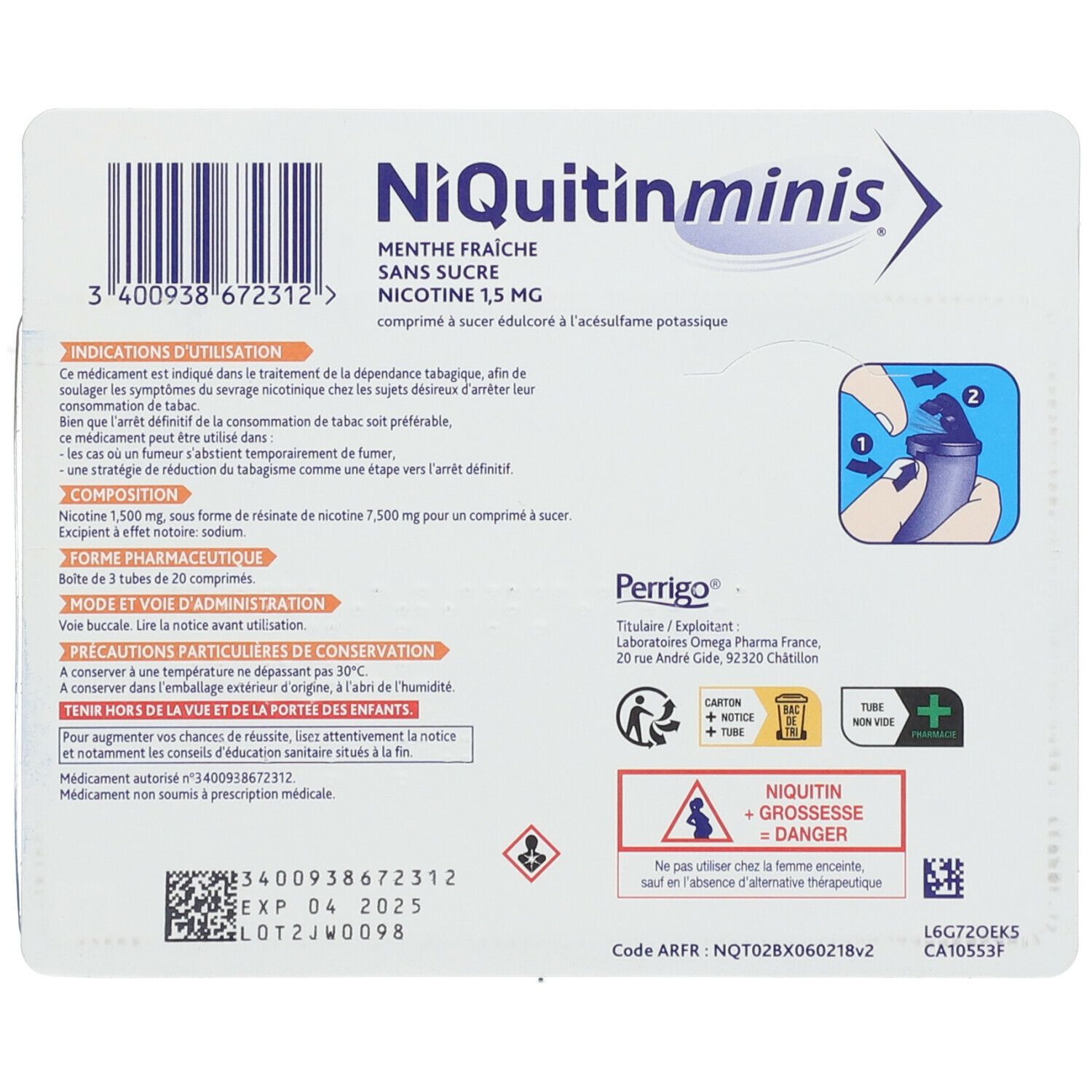 Dos d'emballage NiQuitinMinis Menthe Fraîche 1,5 mg Sans Sucre. Texte et pictogrammes. Informations sur le produit.