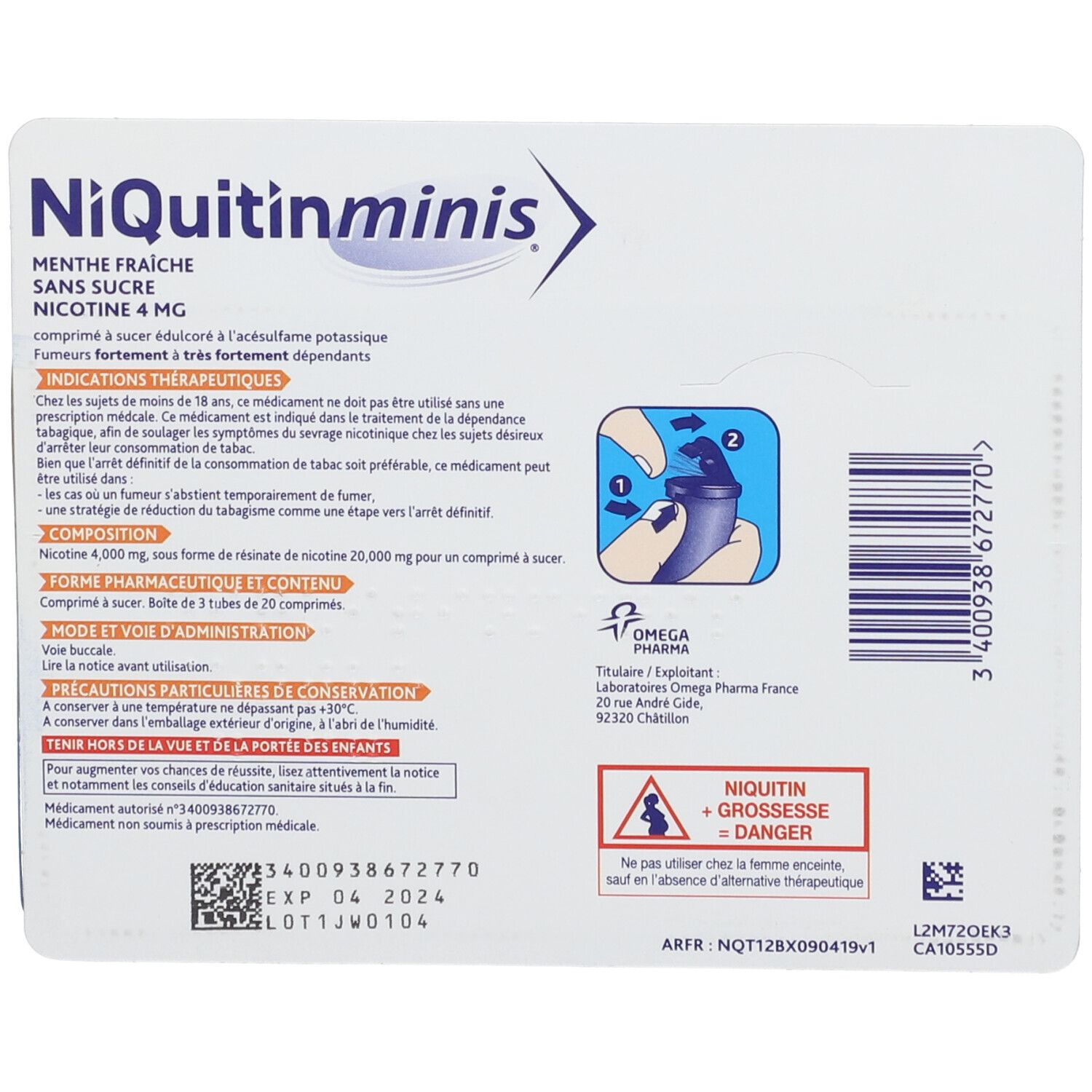 Boîte de NiQuitinMinis® Menthe Fraîche 4 mg. Contient 3 tubes de 20 comprimés à sucer. Texte : « NICOTINE 4 MG ».