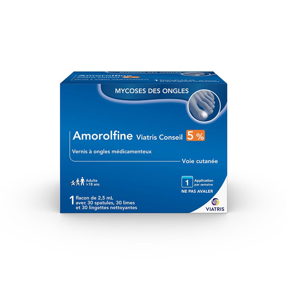 Boîte bleue et blanche AMOROLFINE VIATRIS CONSEIL 5%. Vernis à ongles médicamenteux. Contient 2,5 ml, 30 spatules, 30 limes et 30 lingettes.