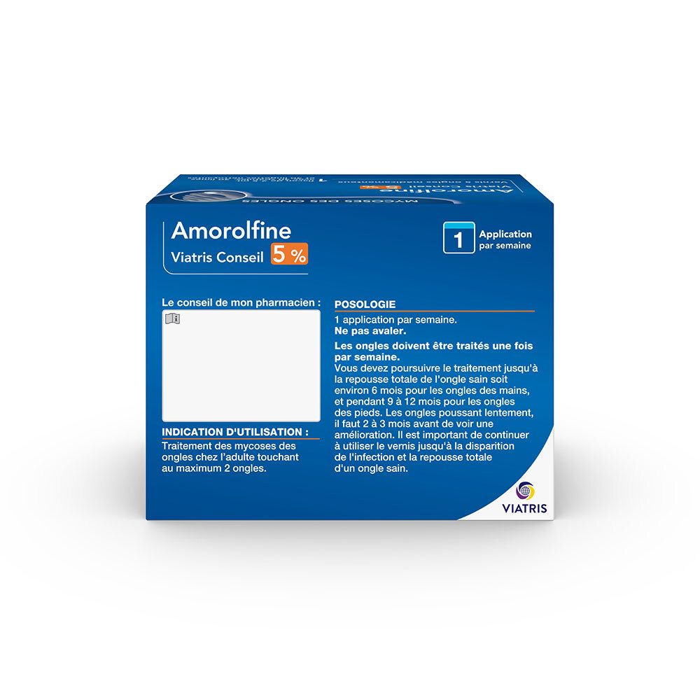 Dos de la boîte AMOROLFINE VIATRIS CONSEIL 5%. Informations d'utilisation. 1 application par semaine. Ne pas avaler.