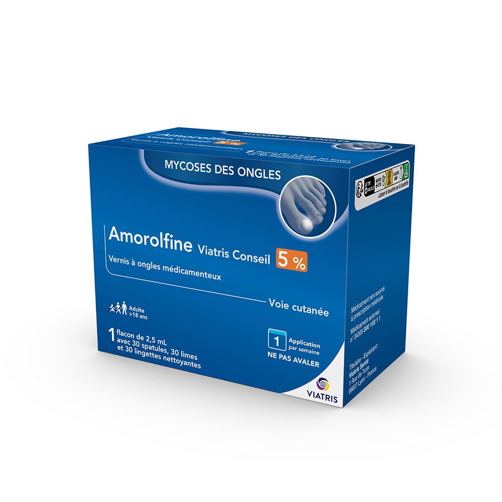 Boîte bleue et blanche AMOROLFINE VIATRIS CONSEIL 5%. Vernis à ongles médicamenteux. Contient 2,5 ml, 30 spatules, 30 limes et 30 lingettes.