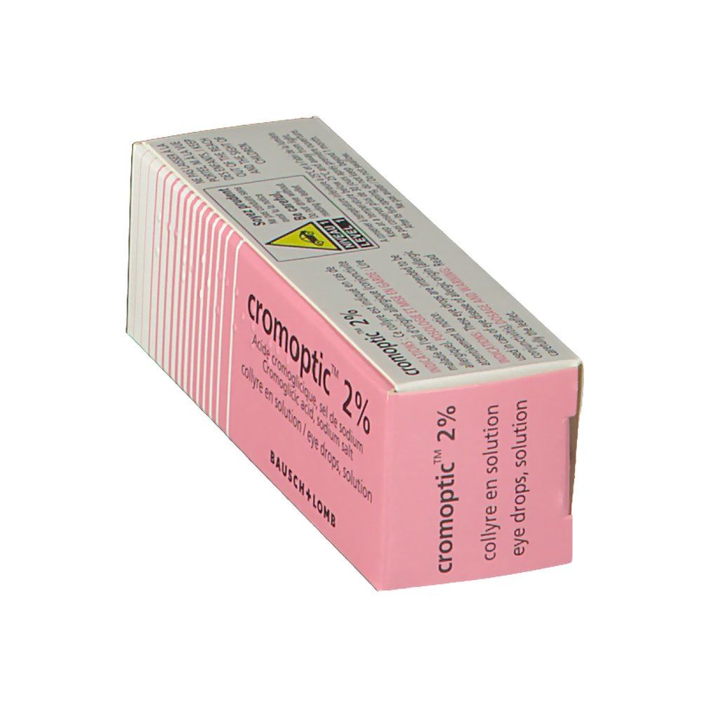 Boîte rose et blanche avec informations produit. Inscription : cromoptic 2 %. Logo Bausch + Lomb. Solution ophtalmique.