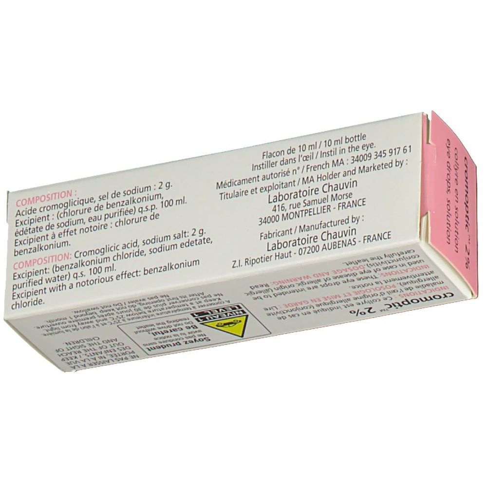 Dos de la boîte rose et blanche. Contient la composition du produit et les informations du fabricant. Texte multilingue.