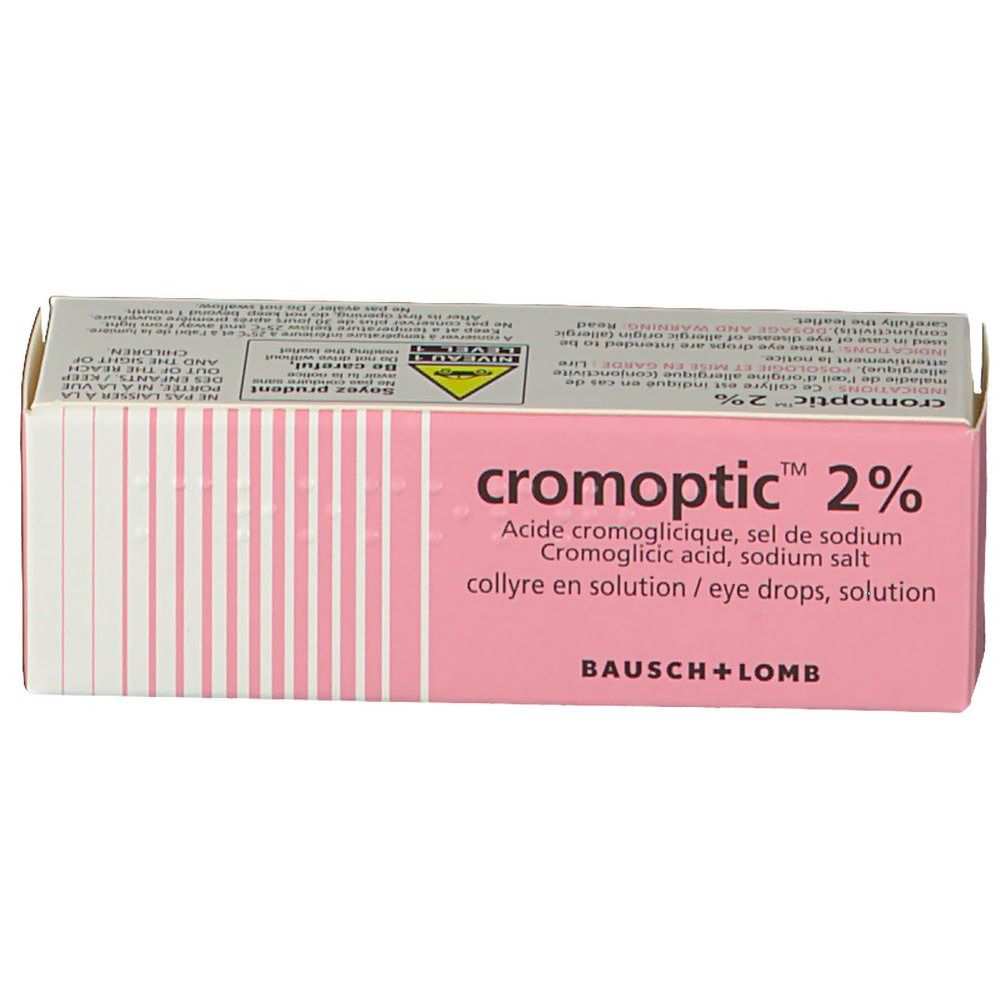 Boîte rose et blanche avec informations produit. Inscription : cromoptic 2 %. Logo Bausch + Lomb. Solution ophtalmique.
