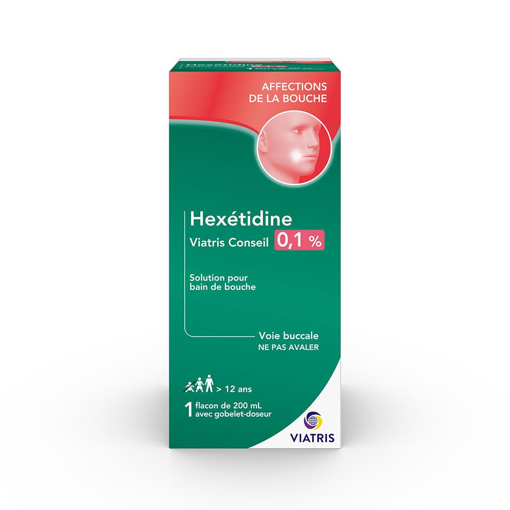 Boîte verte et rouge. Inscription: Hexétidine Viatris Conseil 0,1 %. Solution pour bain de bouche. Logo Viatris.