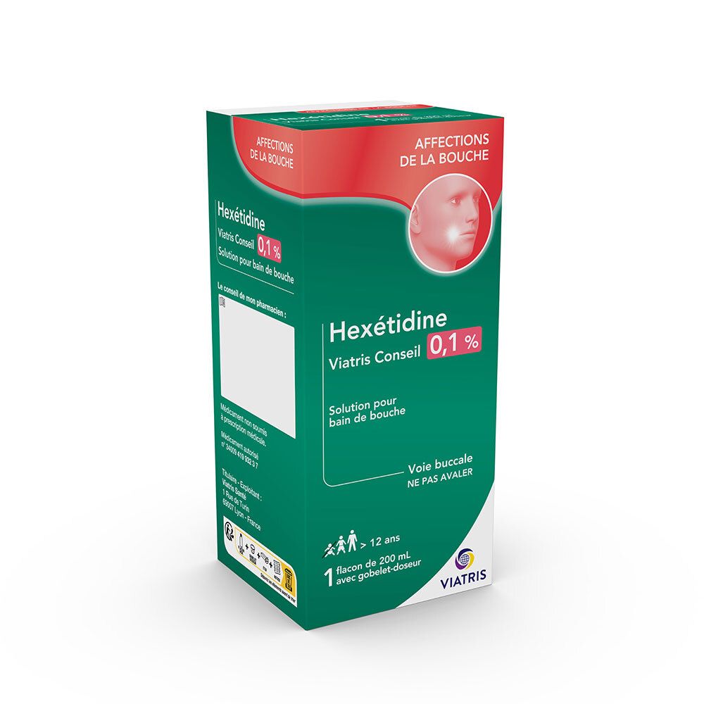 Boîte verte en biais. Inscription: Hexétidine Viatris Conseil 0,1 %. Solution pour bain de bouche. Logo Viatris.