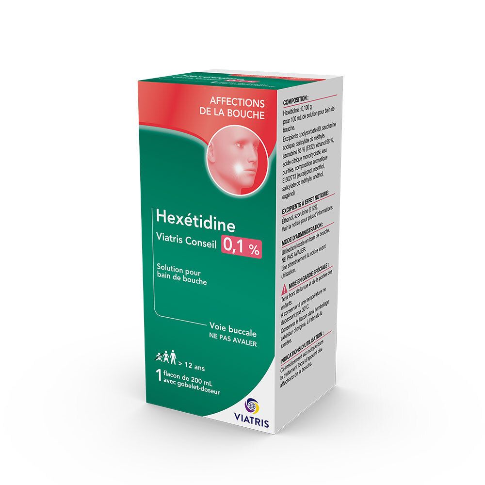 Boîte verte, vue détaillée. Inscription: Hexétidine Viatris Conseil 0,1 %. Solution pour bain de bouche. Logo Viatris.