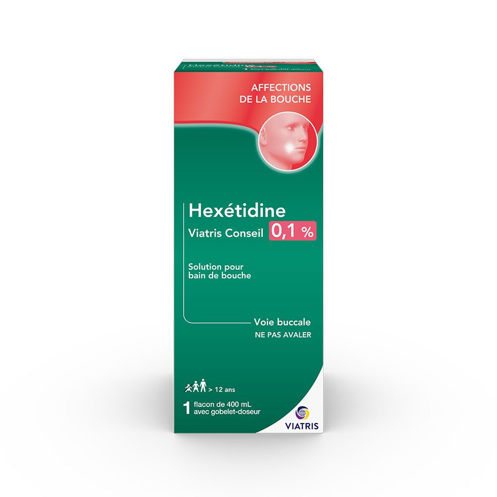 Boîte verte et rouge. Inscription: Hexétidine Viatris Conseil 0,1%. Solution pour bain de bouche. Contient 400 ml.