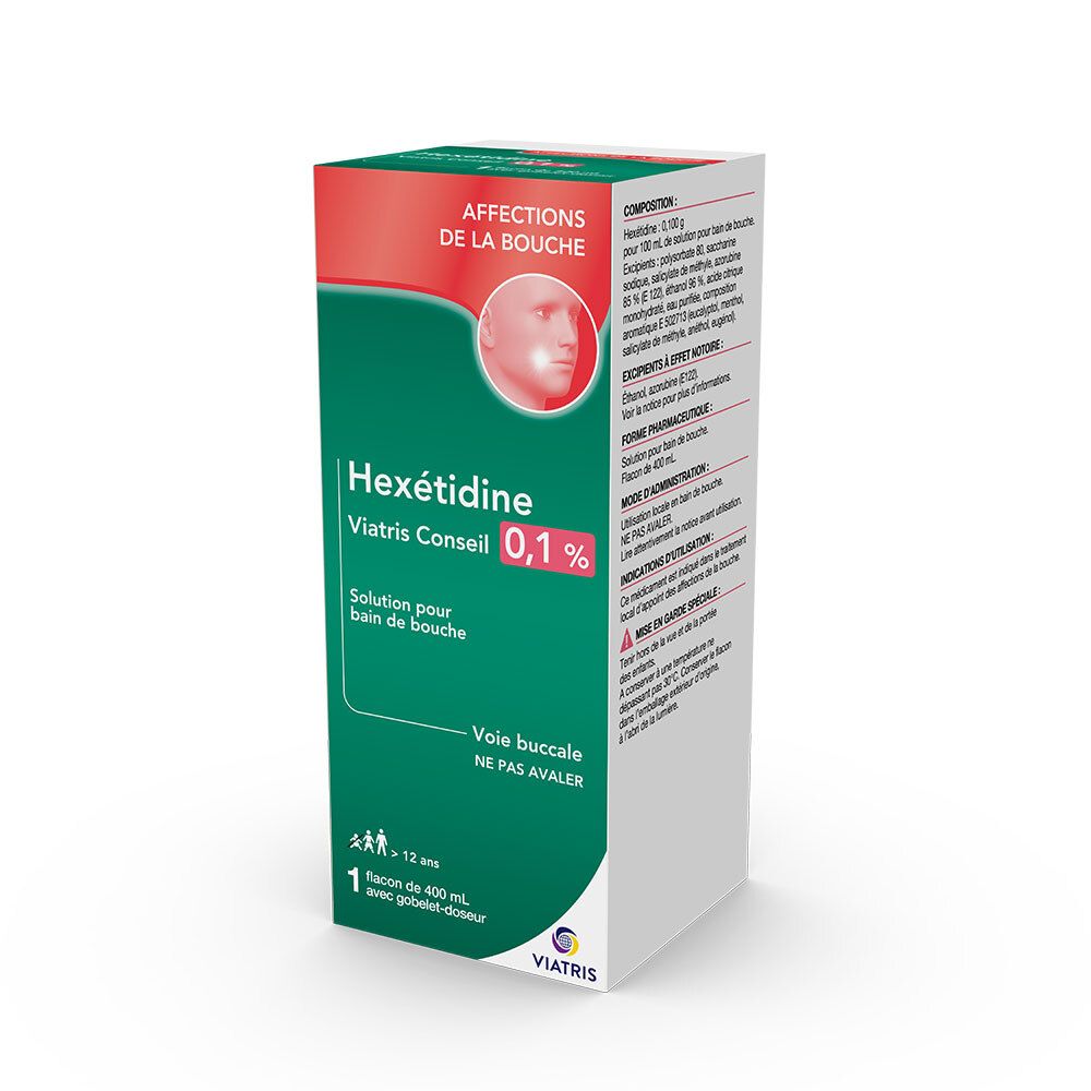 Boîte verte et rouge. Inscription: Hexétidine Viatris Conseil 0,1%. Solution pour bain de bouche. Logo Viatris.