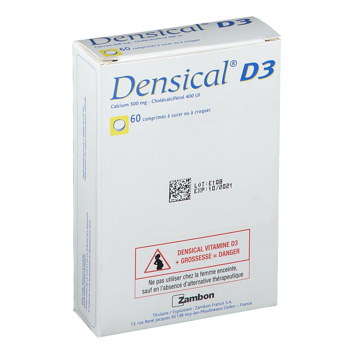 Boîte blanche Densical® D3. Contient 60 comprimés. Calcium 500 mg - Cholecalciférol 400 UI. Marque Zambon.