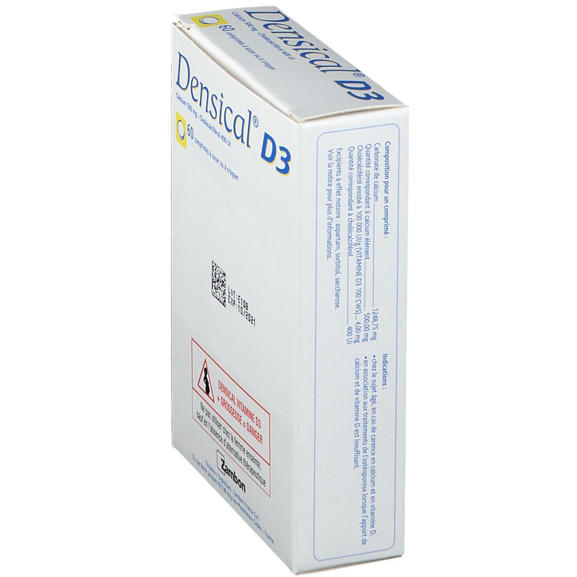 Boîte blanche Densical® D3. Contient 60 comprimés. Calcium 500 mg - Cholecalciférol 400 UI. Marque Zambon. Vue en perspective.