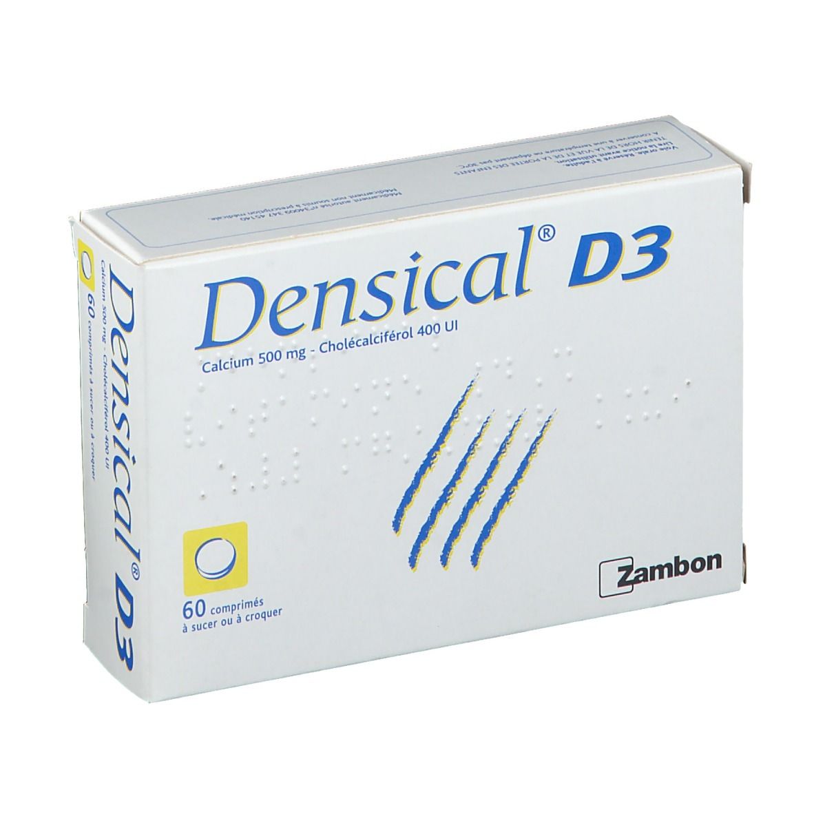 Boîte blanche Densical® D3. Contient 60 comprimés. Calcium 500 mg - Cholecalciférol 400 UI. Marque Zambon.