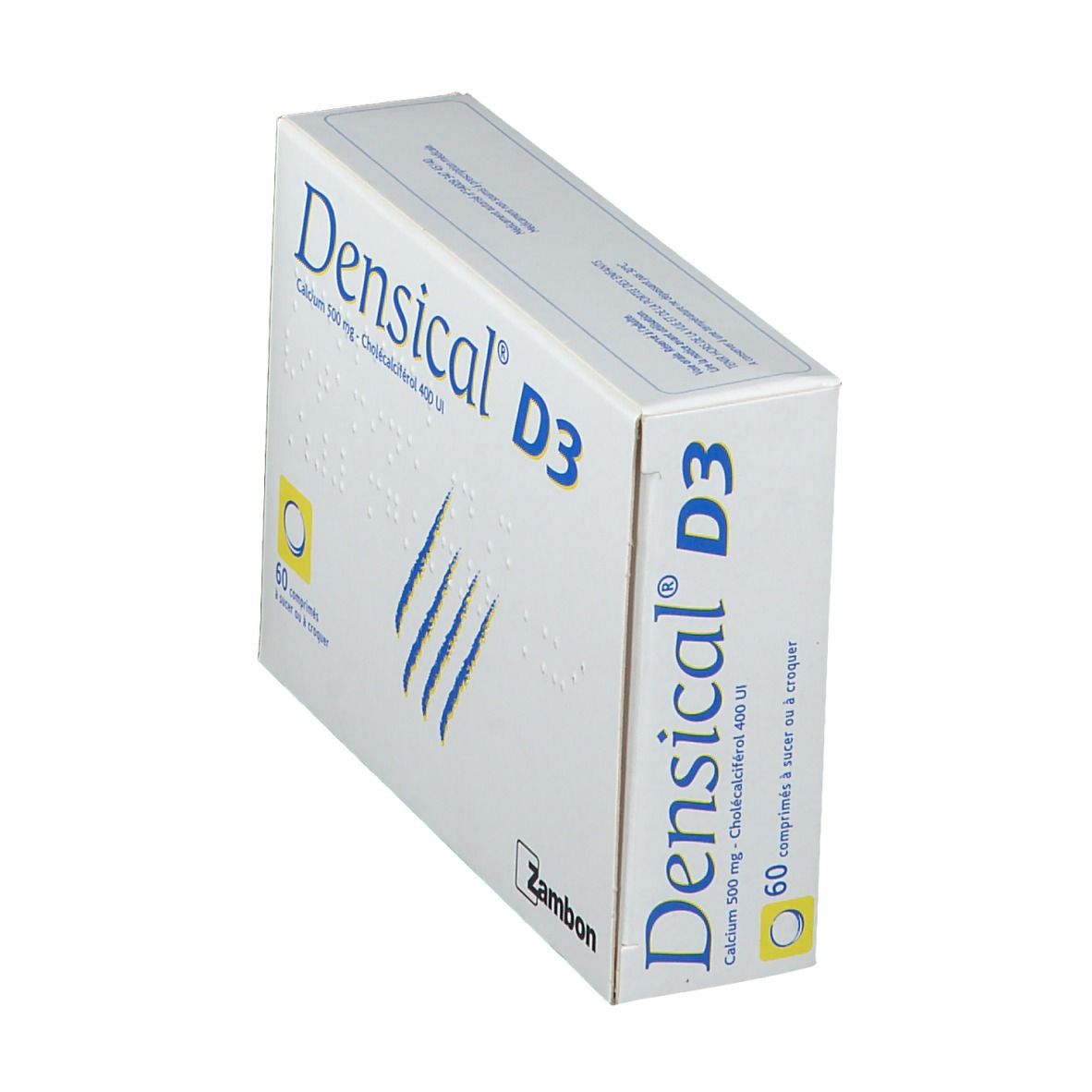 Boîte blanche Densical® D3. Contient 60 comprimés. Calcium 500 mg - Cholecalciférol 400 UI. Marque Zambon. Vue en perspective.