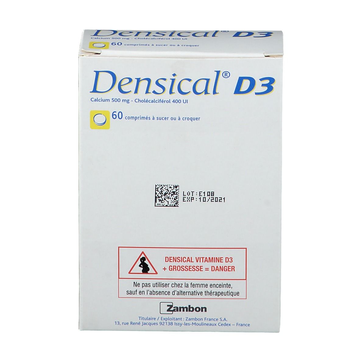 Boîte blanche Densical® D3. Contient 60 comprimés. Calcium 500 mg - Cholecalciférol 400 UI. Marque Zambon.