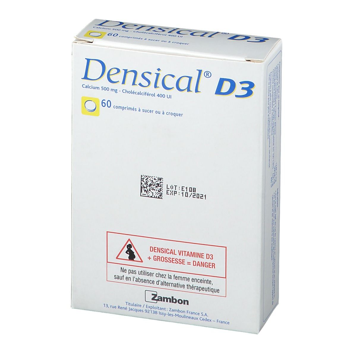 Boîte blanche Densical® D3. Contient 60 comprimés. Calcium 500 mg - Cholecalciférol 400 UI. Marque Zambon.